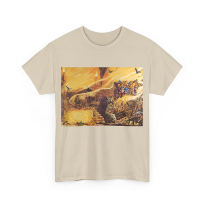 Stylish front view of the Discworld Color of Magic Graphic Unisex T-Shirt in beige featuring detailed artwork from Terry Pratchett's beloved fantasy universe.