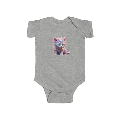 Chic Kitten Bodysuit in a stylish grey hue, adorned with a charming kitten design, ideal for fashionable baby outfits.