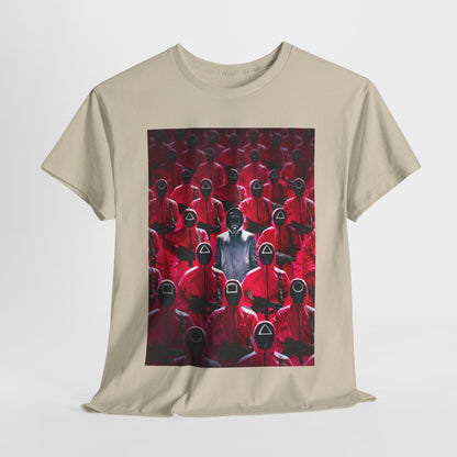 Squid Game Unisex Men's Women's Graphic Cotton Funny T Shirt Tee Street Urban featuring an iconic design inspired by the hit Netflix series, showcasing a striking image of characters in red uniforms and a central figure, perfect for making a bold fashion statement.
