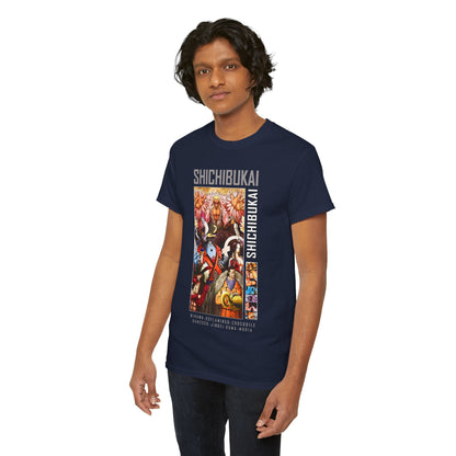 Luxurious One Piece Shichibukai mens T-shirt featuring a vibrant graphic of iconic characters like Mihawk and Doflamingo, beautifully displayed on a navy backdrop.