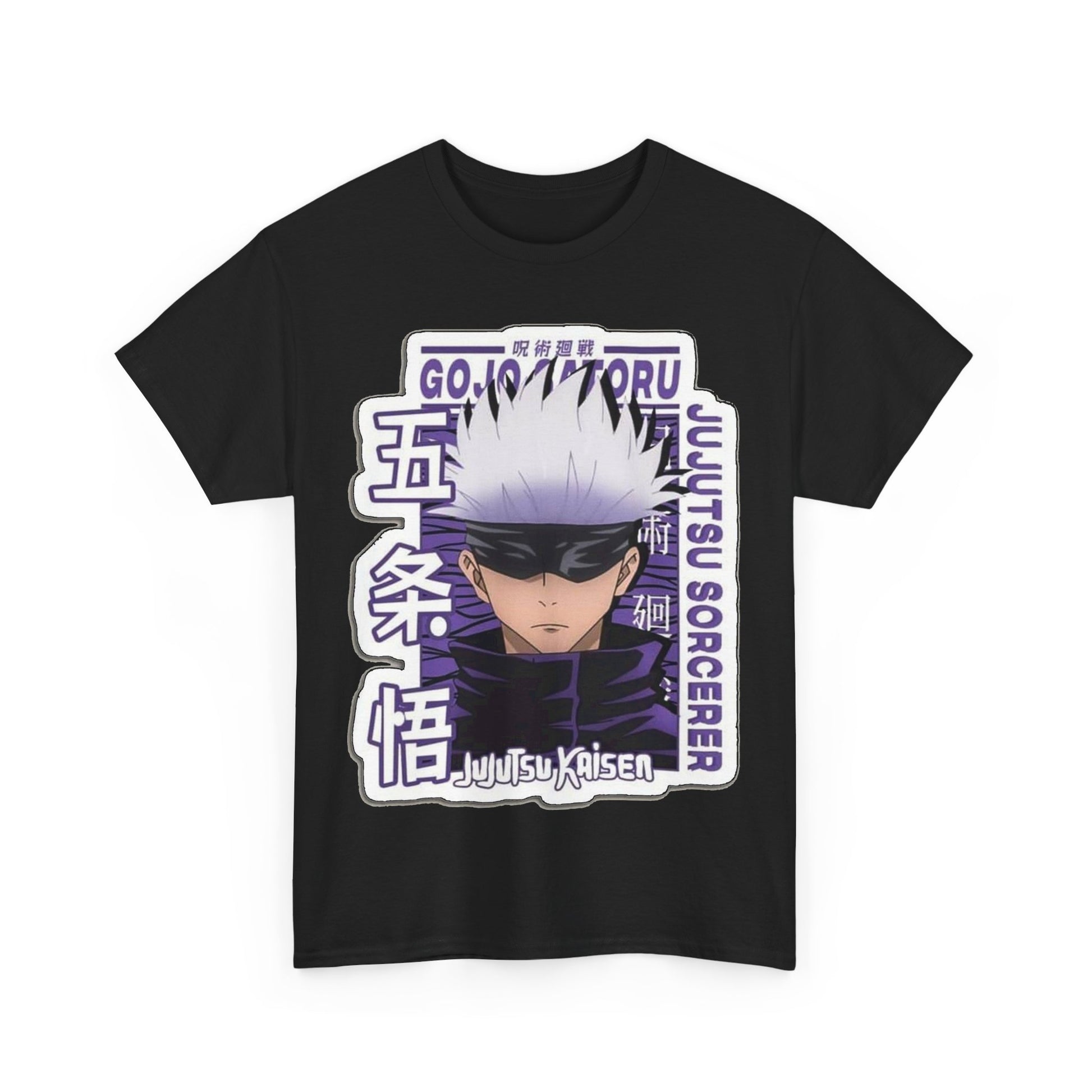 Luxurious Gojo Satoru T-shirt featuring a striking design from *Jujutsu Kaisen*, showcasing sophisticated artwork with bold purple accents on a classic black fabric, perfect for anime enthusiasts.