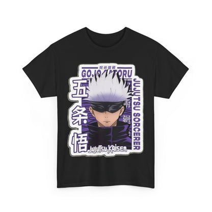 Luxurious Gojo Satoru T-shirt featuring a striking design from *Jujutsu Kaisen*, showcasing sophisticated artwork with bold purple accents on a classic black fabric, perfect for anime enthusiasts.