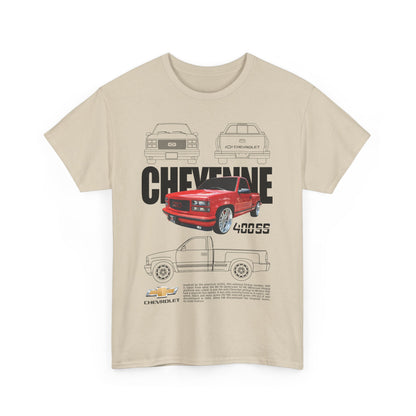 Elegant beige Chevrolet Cheyenne men's T-shirt highlighting the striking graphic design of the 400SS pickup truck, embodying automotive excellence.
