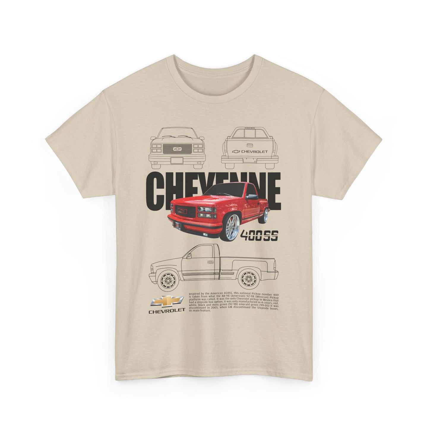 Men's Chevrolet Cheyenne T-shirt featuring a bold graphic design of the 400SS pickup truck, showcasing detailed line drawings and vibrant illustrations on a sophisticated beige background.