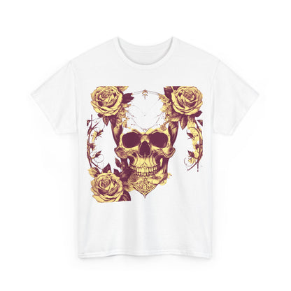 Front view of the Skulls and Roses Cotton Tee - Unisex graphic shirt with intricate skull art and elegant roses, ideal for making a bold fashion statement.