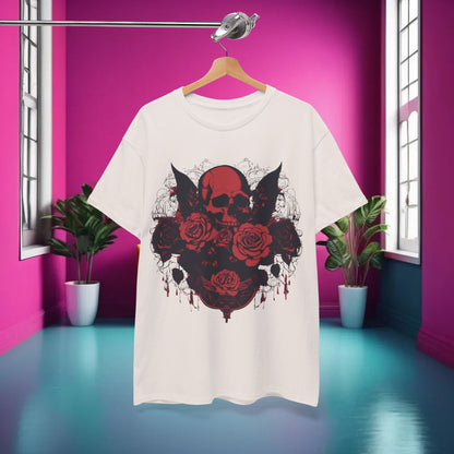Skulls and Roses Cotton Tee, Unisex Graphic Shirt displayed on a hanger in a stylish interior, emphasising its trendy look and artistic design.