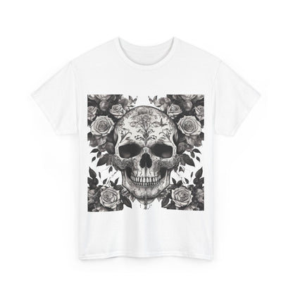 Front view of the white Skulls and Roses Cotton Tee featuring an intricate skull and rose graphic, a striking statement piece for alternative fashion enthusiasts.