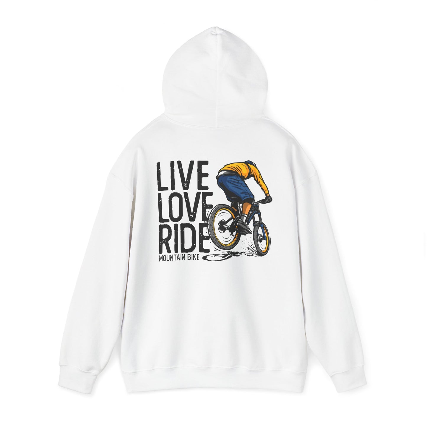 Stylish white hoodie featuring the bold statement 'LIVE LOVE RIDE' with an illustration of a mountain biker, an ideal choice for biking enthusiasts.