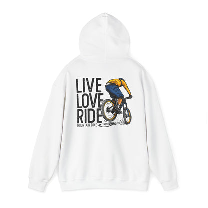 Stylish white hoodie featuring the bold statement 'LIVE LOVE RIDE' with an illustration of a mountain biker, an ideal choice for biking enthusiasts.