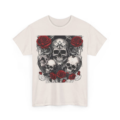 Front view of Skulls and Roses Cotton Tee, Unisex Graphic Shirt, featuring striking skull and rose graphics, exemplifying edgy alternative fashion.