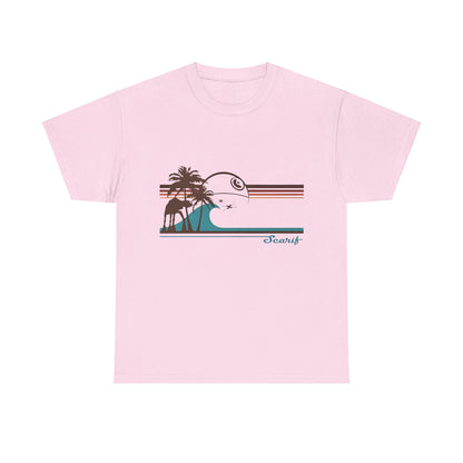 Tie Fighters Holiday on Serif Star Wars Rebel One Graphic Unisex Tee Shirt displayed in a soft pink colour, showcasing an artistic print of tropical elements.