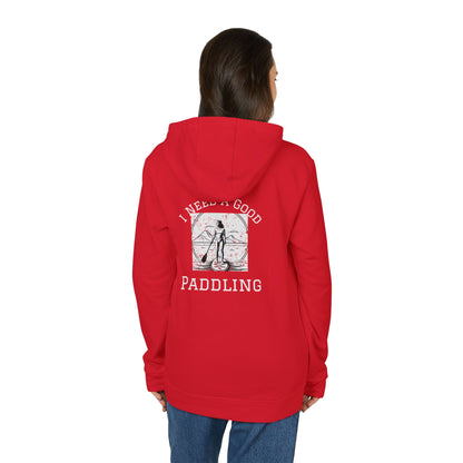 Adidas Women's Fleece I Need a Good Paddling Hoodie in red, highlighting the back design with paddleboarding graphics, an ideal choice for adventure and style on the water.