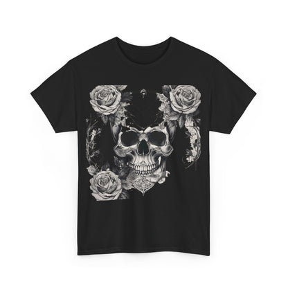 Front view of the Skulls and Roses Cotton Tee featuring a stunning steampunk skull and roses graphic, ideal for alternative fashion enthusiasts.