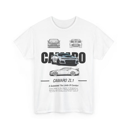 Chic white Mens Camaro ZL1 T-Shirt displaying a bold graphic of the car along with its detailing, a must-have for luxury car aficionados.