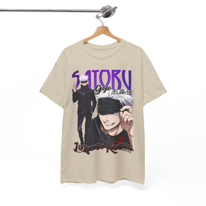 Stylish Gojo Satoru t-shirt displayed on a hanger, highlighting the exquisite detailing and premium quality of this Jujutsu Kaisen-inspired apparel.
