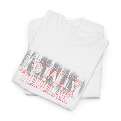 Stylishly folded 'Totally Tubular' unisex graphic T-shirts in white, featuring iconic 'TOTALLY' and 'TUBULAR' text, a luxurious addition to any Stranger Things fan's wardrobe.