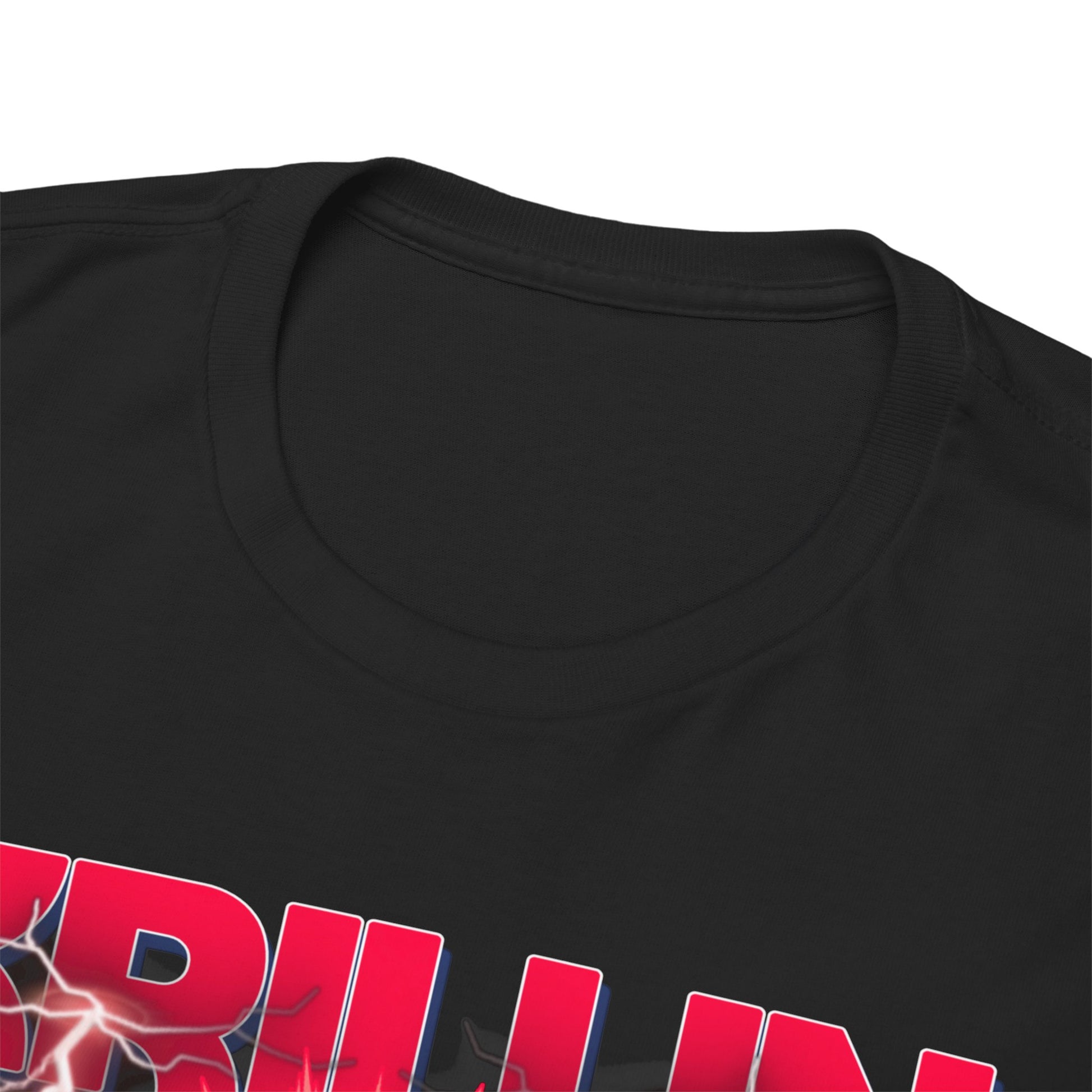 Close-up of the exquisite neckline of a black Dragon Ball Z T-shirt showcasing bold Krillin lettering, highlighting premium craftsmanship and comfort.