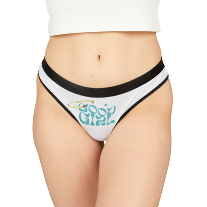 Elegant women's thong panties featuring a playful 'Good Girl' design, adorned with a gold halo emblem. Crafted for luxurious comfort and a flattering silhouette, perfect for boosting confidence and style.