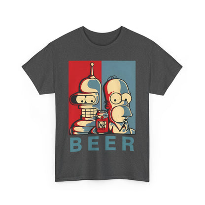 Sophisticated Bender and Homer Beer Graphic T-Shirt, featuring a striking blend of nostalgia and modern artistry for unisex wear.