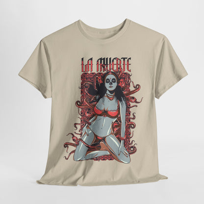 Stylish La Muerte graphic t-shirt, draped against a subtle background, emphasising the captivating artwork and premium fabric.