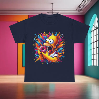 Simpsons Homer Donut Graphic T-Shirt in elegant navy blue, showcasing an eye-catching illustration of Homer Simpson with a donut, ideal for stylish casual wear.