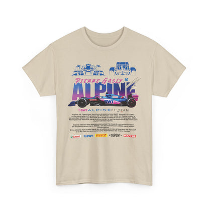 Luxurious Alpine F1 Team Men's T-Shirt featuring bold graphic design with Pierre Gasly's name, showcasing the striking blend of blue and pink colours, ideal for motorsport enthusiasts.