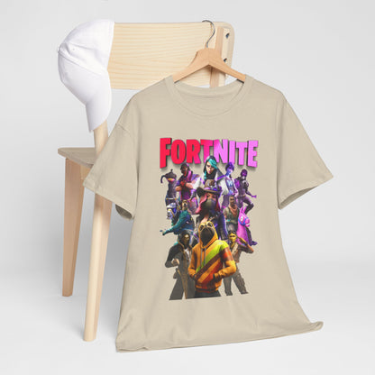 Stylish Fortnite T-Shirt draped over a chair with a cap, highlighting its trendy design and appeal for gamers.