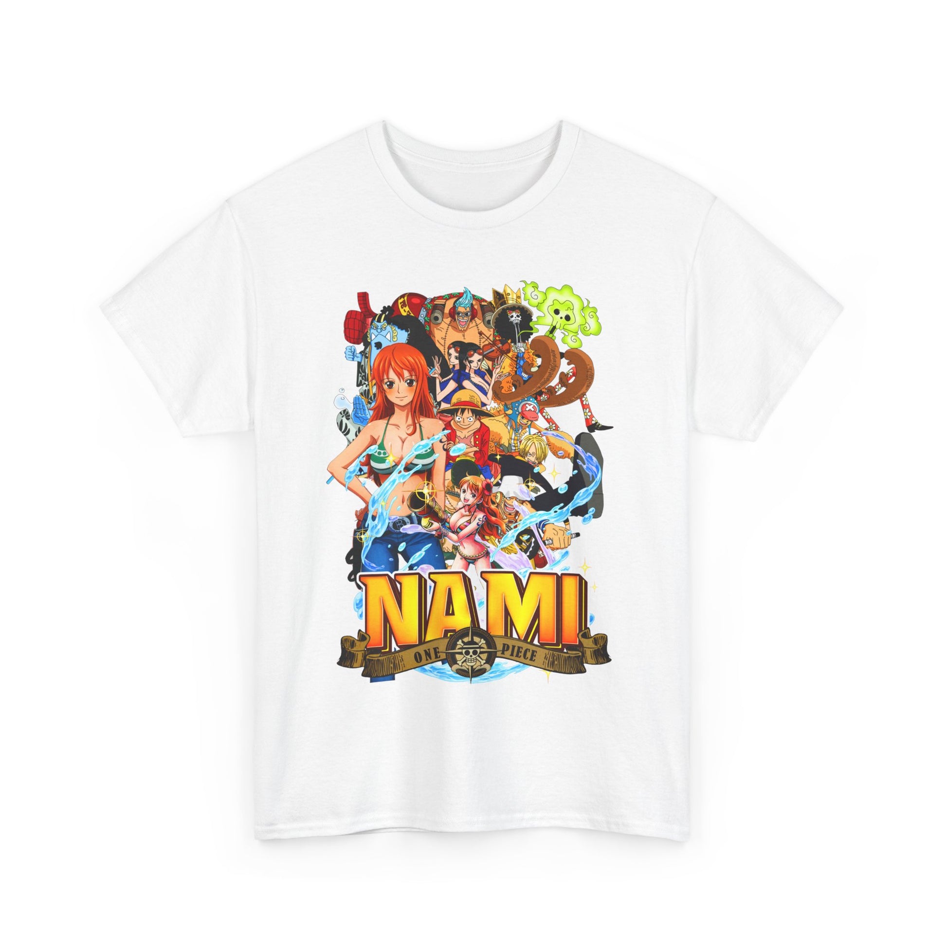 Stylish white t-shirt displaying a bold Nami graphic from One Piece, meticulously crafted with vibrant colours and intricate character details.
