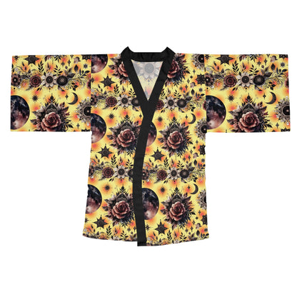 Luxurious floral kimono robe featuring a stunning floral print on a rich background, perfect for sophisticated lounge wear and a bohemian chic outer layer.