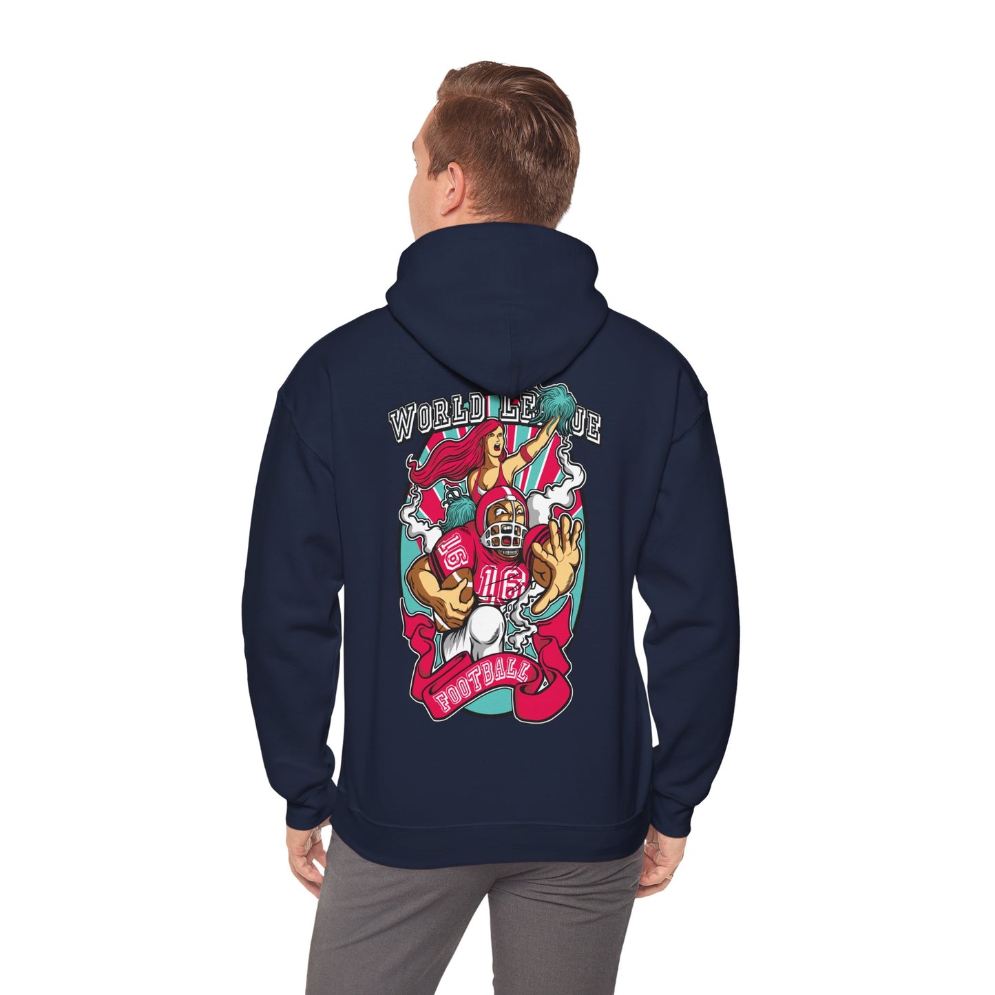 Sophisticated navy hoodie with an eye-catching football illustration on the back, showcasing a passion for the game with vivid colours.