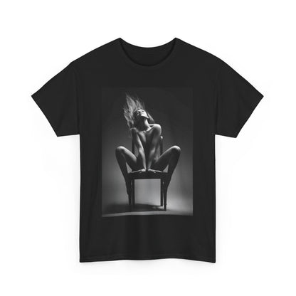 Elegant graphic tee featuring a monochrome artistic depiction of a woman exuding allure and confidence, ideal for those who embrace their unique style.