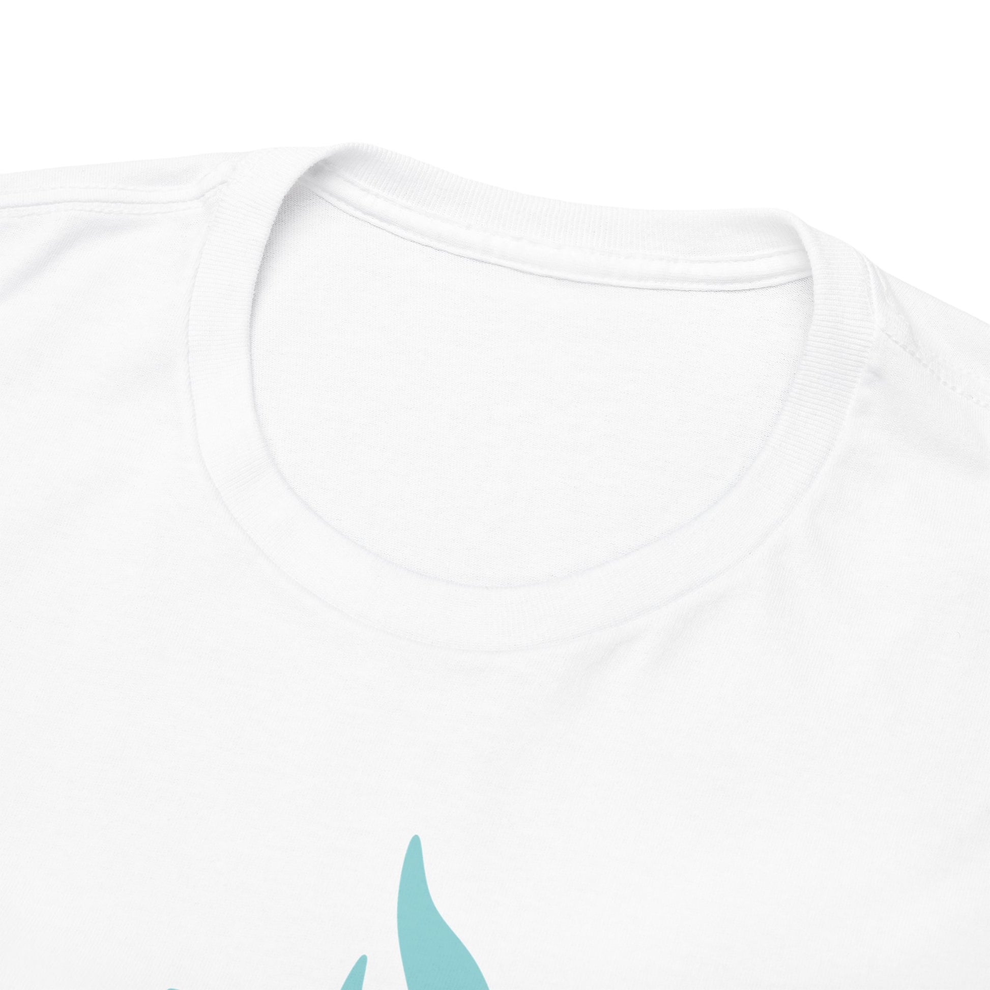Close-up view of the soft neckline of a high-quality white men's graphic t-shirt, featuring a striking design that embodies adventure and elegance.