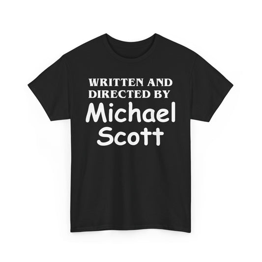 Another angle of The Office Unisex Men Women Graphic Funny T Shirt Tee Urban, showcasing the iconic text 'WRITTEN AND DIRECTED BY MICHAEL SCOTT' in stylish typography on a classic black background.