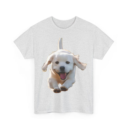 Front view of the grey Leaping Puppy Graphic T-Shirt showcasing a playful puppy design, ideal for a luxurious casual look.