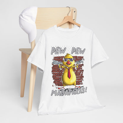 Sophisticated styled image of a white t-shirt featuring a unique gangster chicken design, complemented by a matching white cap, ideal for a trendy casual look.