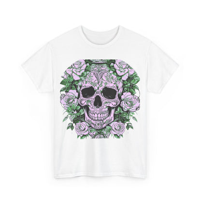 Skulls and Roses Cotton Tee featuring an intricate steampunk design with skull and floral elements, perfect for alternative fashion lovers.