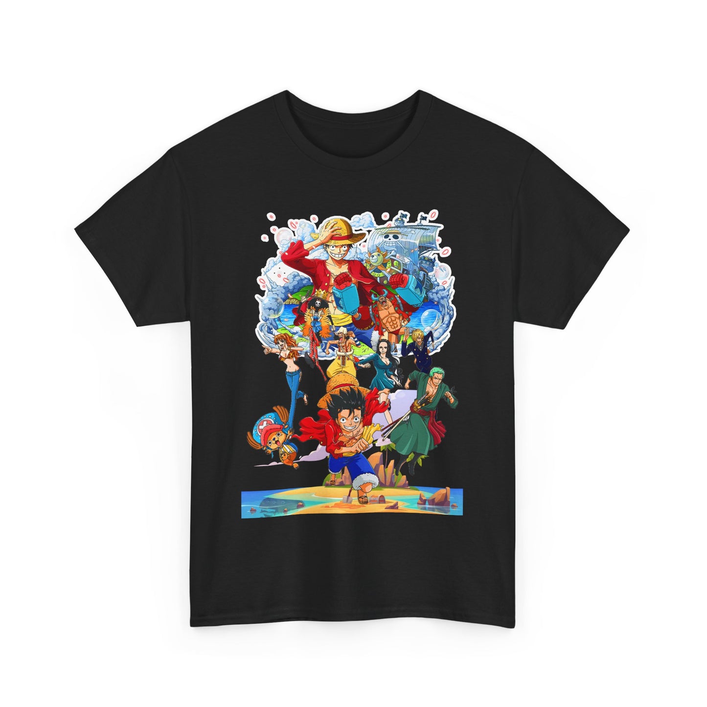 Luxurious black men's t-shirt featuring an exquisite anime-inspired design, showcasing dynamic characters against a vibrant background, perfect for expressing an adventurous spirit.