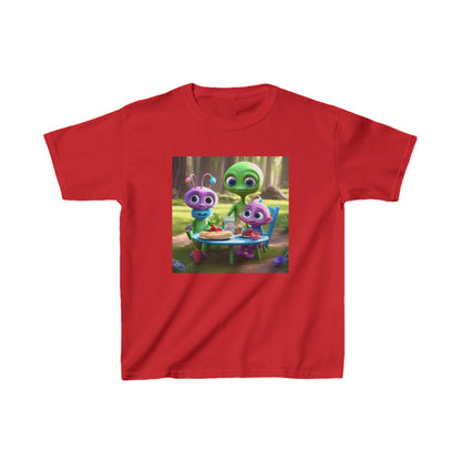 Kids Cute Aliens Heavy Cotton T-Shirt showcasing adorable alien friends, perfect for creative children. Offered in a vibrant red hue for a bold statement.