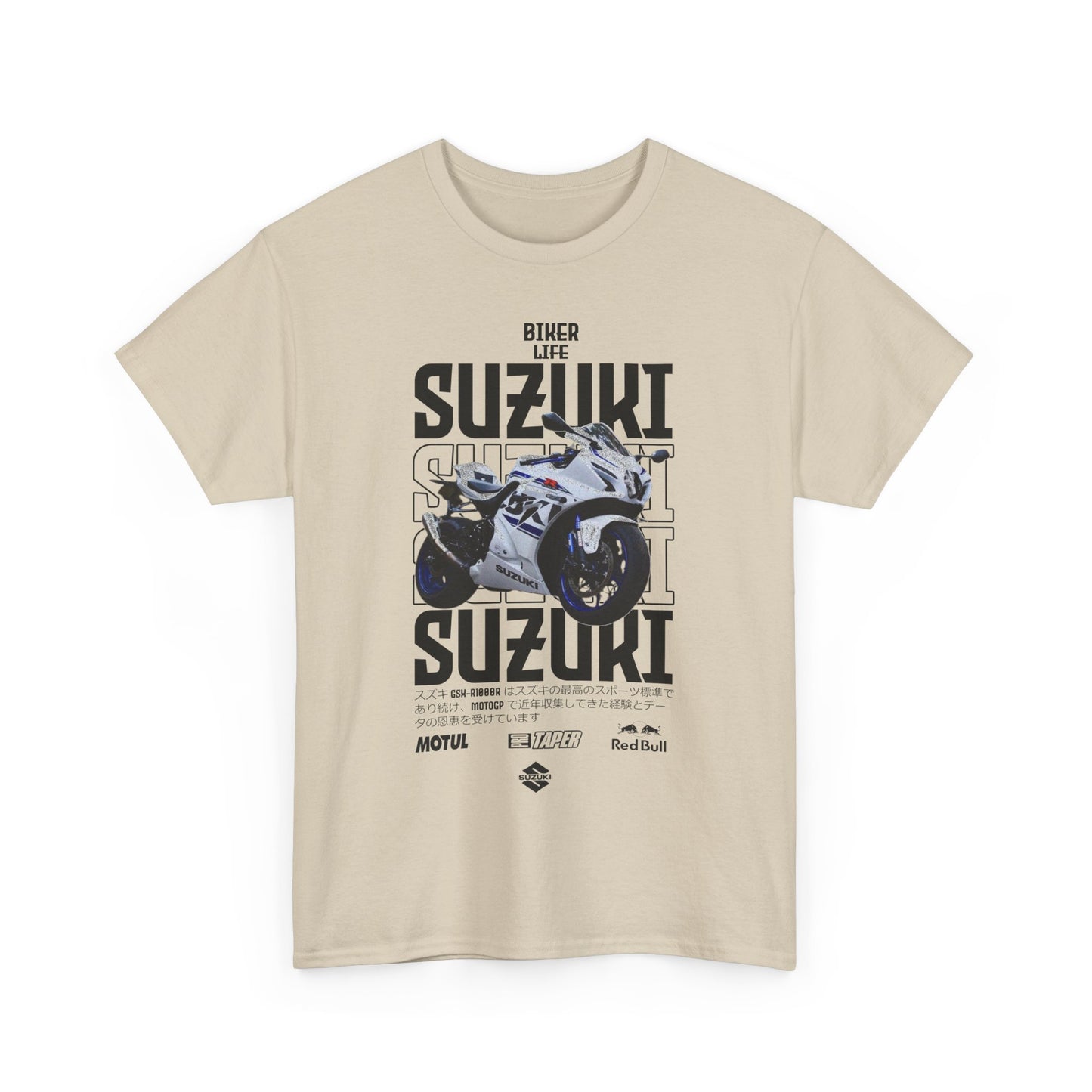 Stylish cream Suzuki GSX-R t-shirt with an eye-catching motorcycle graphic and elegant typography, representing a passion for luxury biking.
