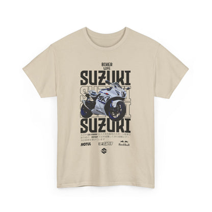 Stylish cream Suzuki GSX-R t-shirt with an eye-catching motorcycle graphic and elegant typography, representing a passion for luxury biking.