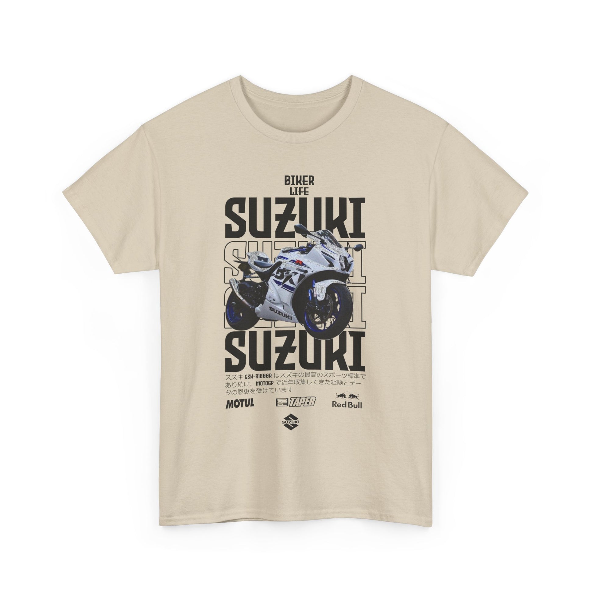 Front view of a luxurious Suzuki GSX-R T-Shirt, featuring bold 'SUZUKI' typography and an iconic motorcycle graphic, ideal for motorcycle enthusiasts who appreciate style.