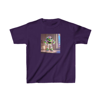 Kids Buzz Lightyear Heavy Cotton T-Shirt in rich purple, displaying a vibrant Buzz Lightyear graphic, perfect for any budding space explorer. Offered in 16 distinct colour options.