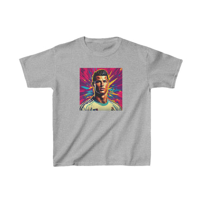 Kids Cristiano Ronaldo Heavy Cotton T-Shirt in classic grey featuring a dynamic graphic of Cristiano Ronaldo, an excellent choice for young football lovers.
