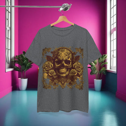 Skulls and Roses Cotton Tee elegantly displayed on a hanger in a stylish interior, showcasing its eye-catching skull and roses design against a luxurious grey backdrop.