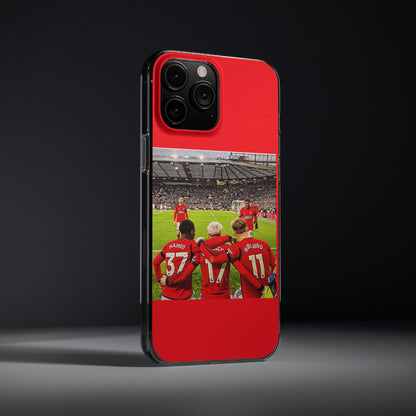 Luxury Manchester United Mainoo Garnach Hojlund Soft Phone Case displayed from a side view, highlighting the striking design and robust TPU material, perfect for dedicated soccer supporters.