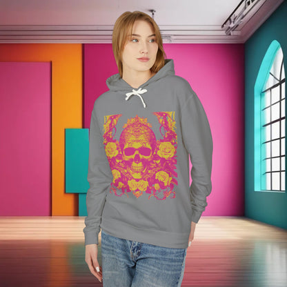 Model wearing a fashionable unisex lightweight hooded sweatshirt with a vibrant skull and roses design, set against a modern background.