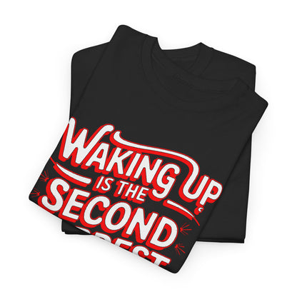 Chic stacked black t-shirts highlighting the bold saying 'Waking Up is the Second Hardest Thing in the Morning' in vibrant red and white lettering.