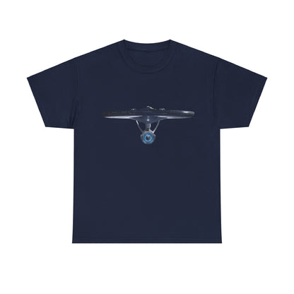 USS Enterprise Star Trek Graphic Unisex T Shirt Tee in navy, featuring an artistic render of the USS Enterprise, designed for discerning fans of the franchise.