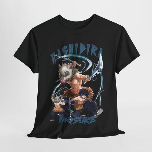 Luxury graphic t-shirt featuring bold art of Hashibira Inosuke and two anthropomorphic characters, crafted from premium cotton for a sophisticated style. Ideal for fashion-forward anime enthusiasts.