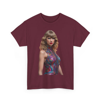 Front view of the Swifties psychedelic Taylor Swift Heavy Cotton Tee featuring a stunning psychedelic image of Taylor Swift, ideal for stylish fans.